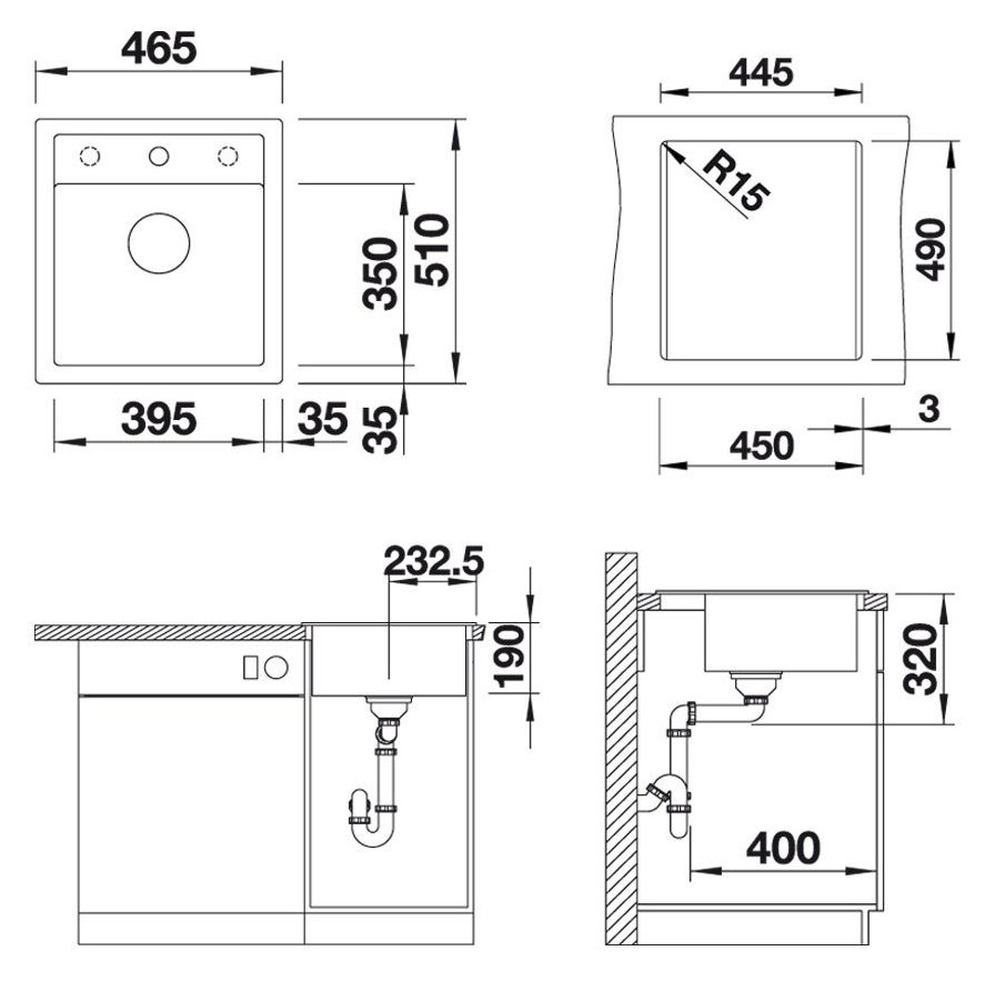 Кухонная мойка Blanco Dalago 45 Silgranit черный вентиль-автомат 525869