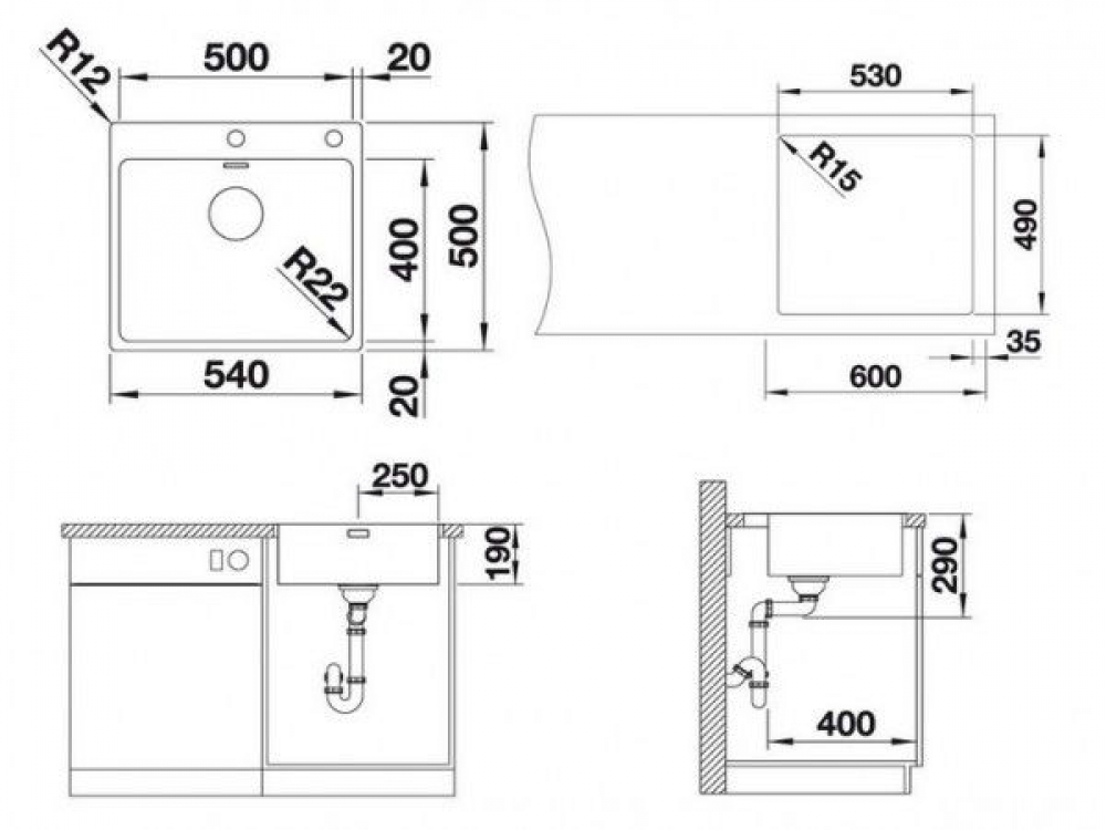 Кухонная мойка Blanco ANDANO 500-IF/A нержавеющая сталь, зеркальная полировка, стоп-вентиль 525245